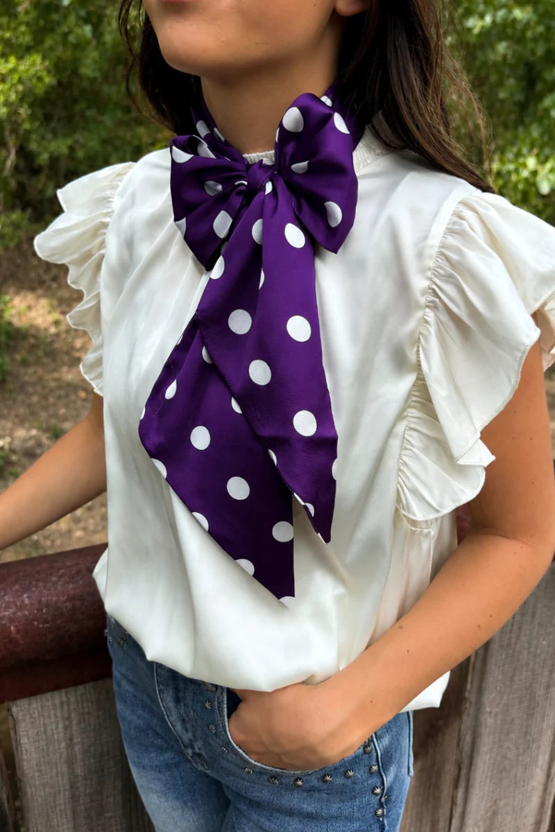 Purple and white polka dot silky scarf for neck, hair, handbag, or hat styling.