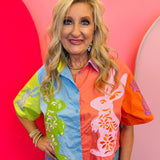 Queen Of Sparkles colorblock Easter bunny cotton short sleeve button-up top.
