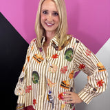 Cream and tan striped button-up with colorful sequin and embroidered Thanksgiving appliqués.