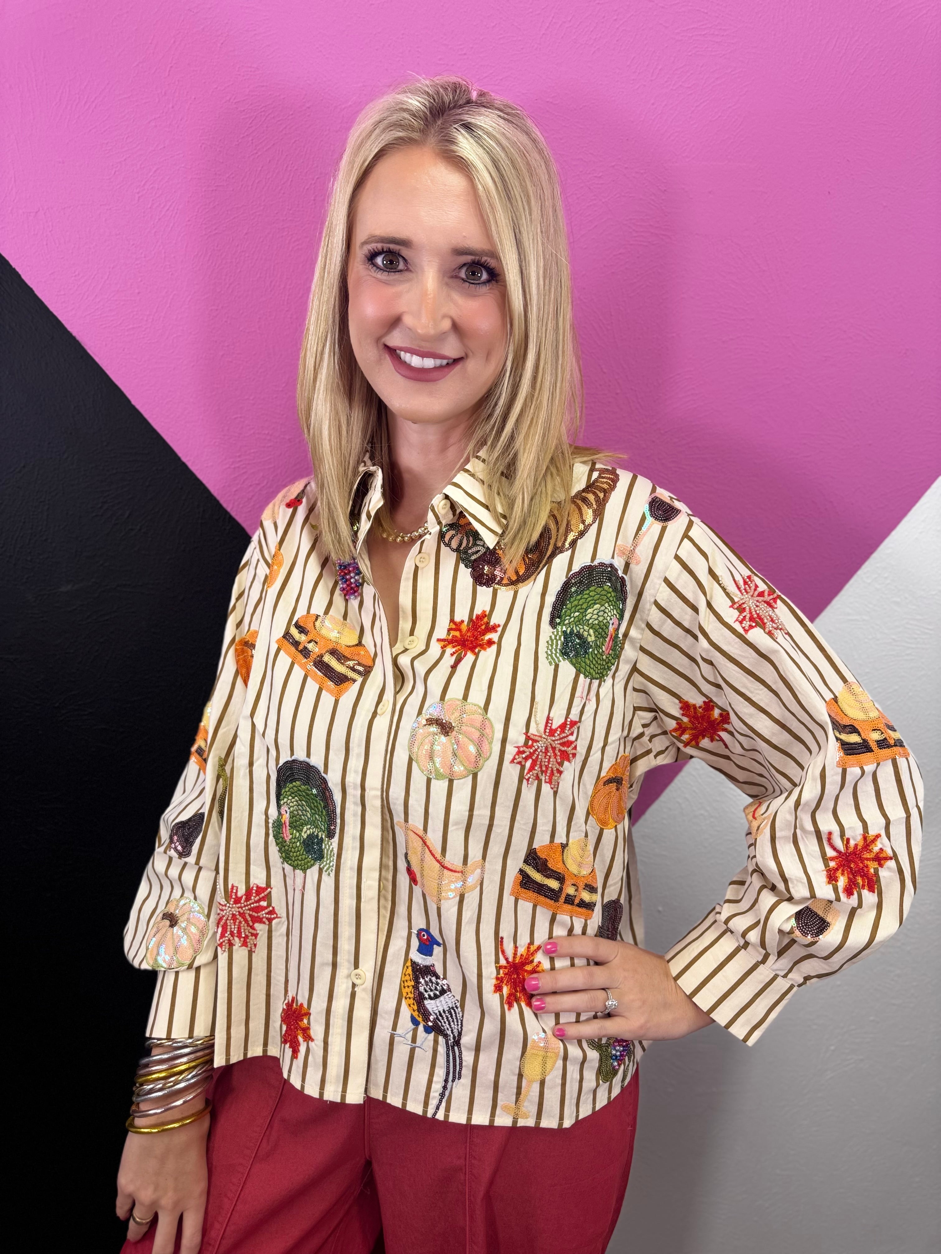Cream and tan striped button-up with colorful sequin and embroidered Thanksgiving appliqués.