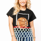 Black Queen Of Sparkles tee with rope basketball net design.
