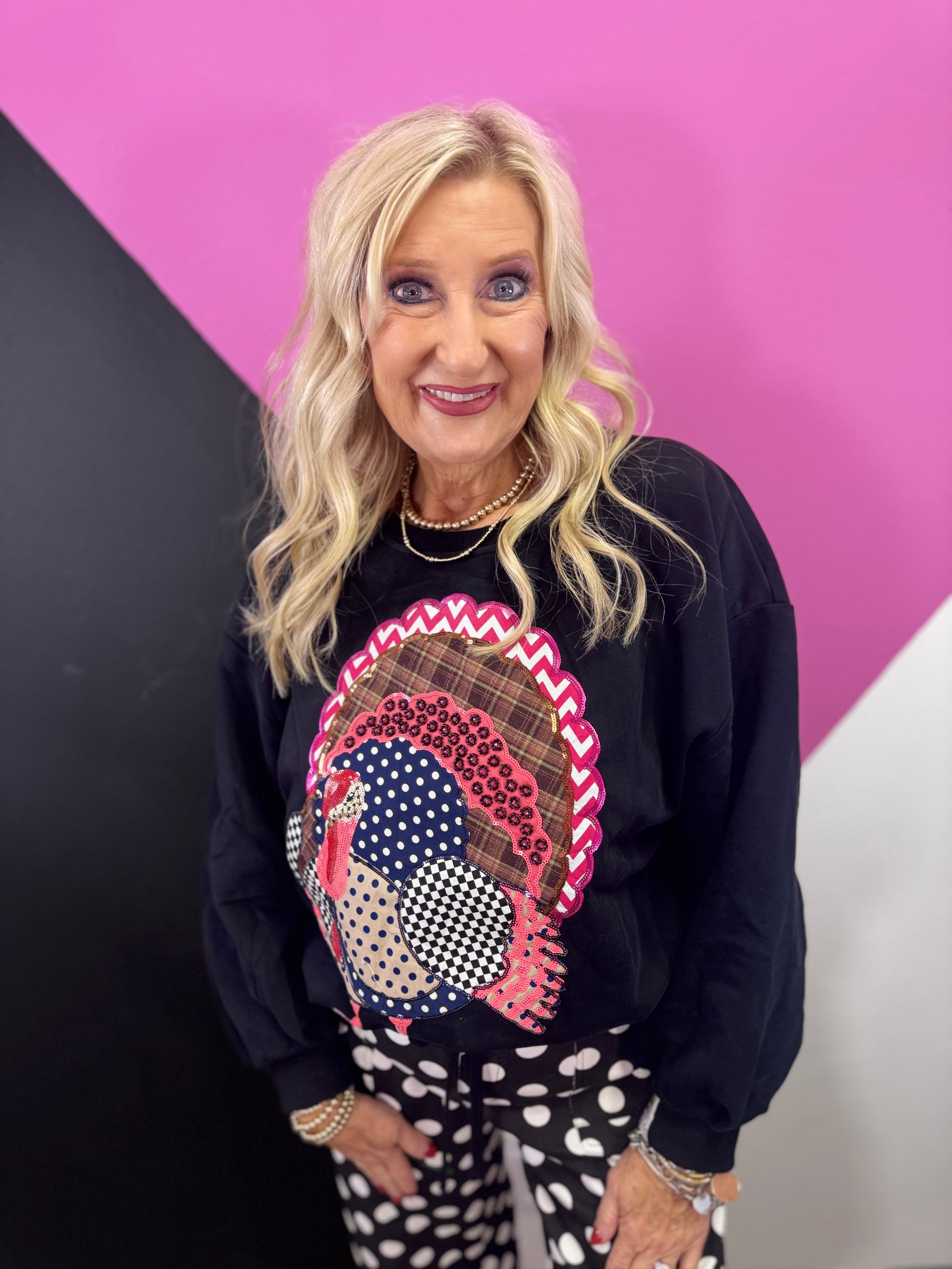 Black sweatshirt with colorful patchwork turkey featuring leopard, plaid, polka dots, checkerboard, and pink chevron.