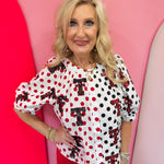 Queen of Sparkles Texas Tech TT colorblock polka dot button-up top with sequin logos.