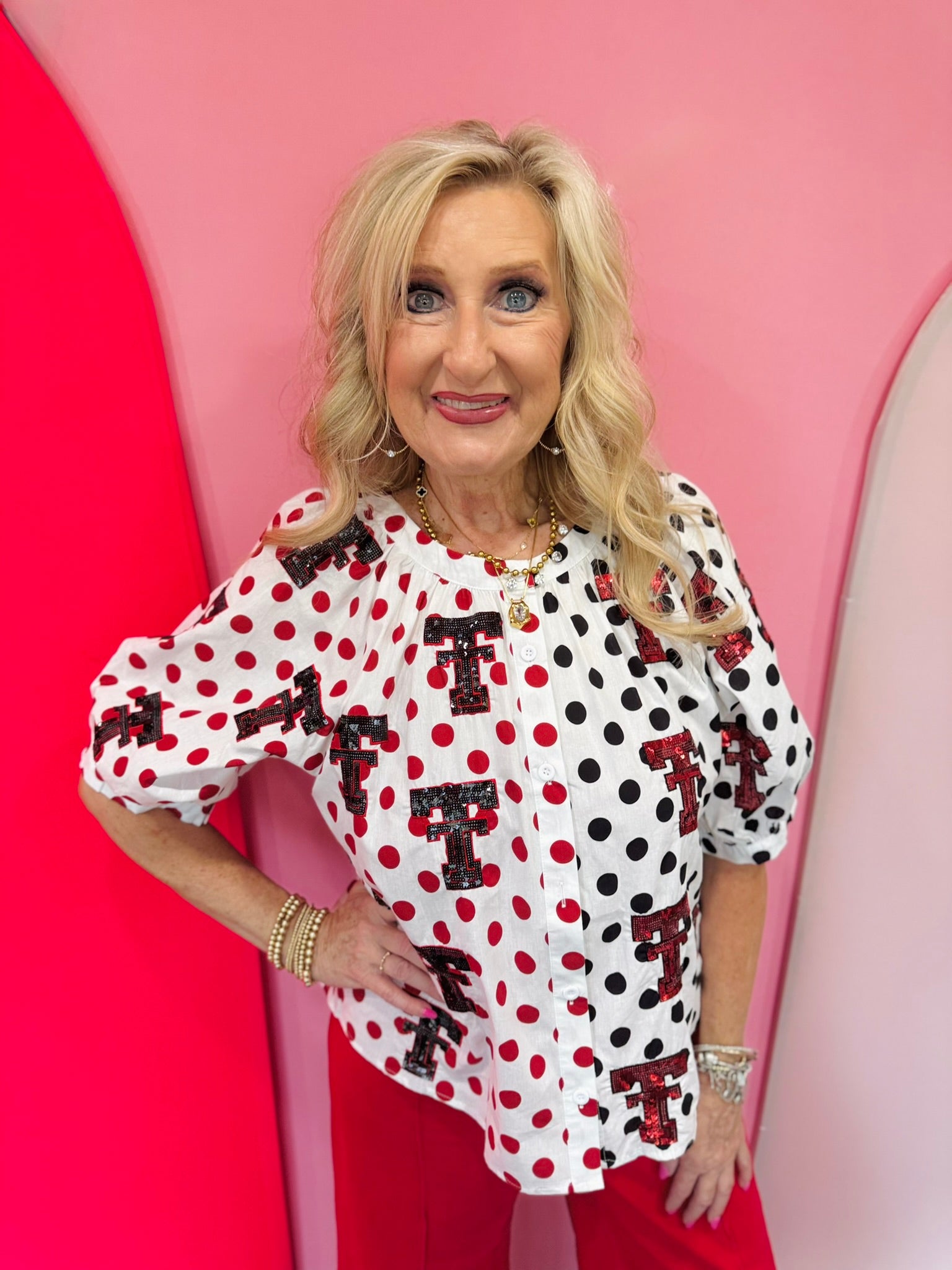 Queen of Sparkles Texas Tech TT colorblock polka dot button-up top with sequin logos.