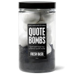 Quote Bomb bath gift set fresh basil with white bath bombs in jar, loofah, and hidden inspirational message surprises for relaxing self-care bath