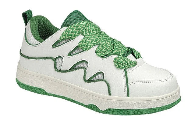 Green and white sneakers with a bold wave design, chunky platform sole, and zigzag laces — sporty, stylish, and standout.