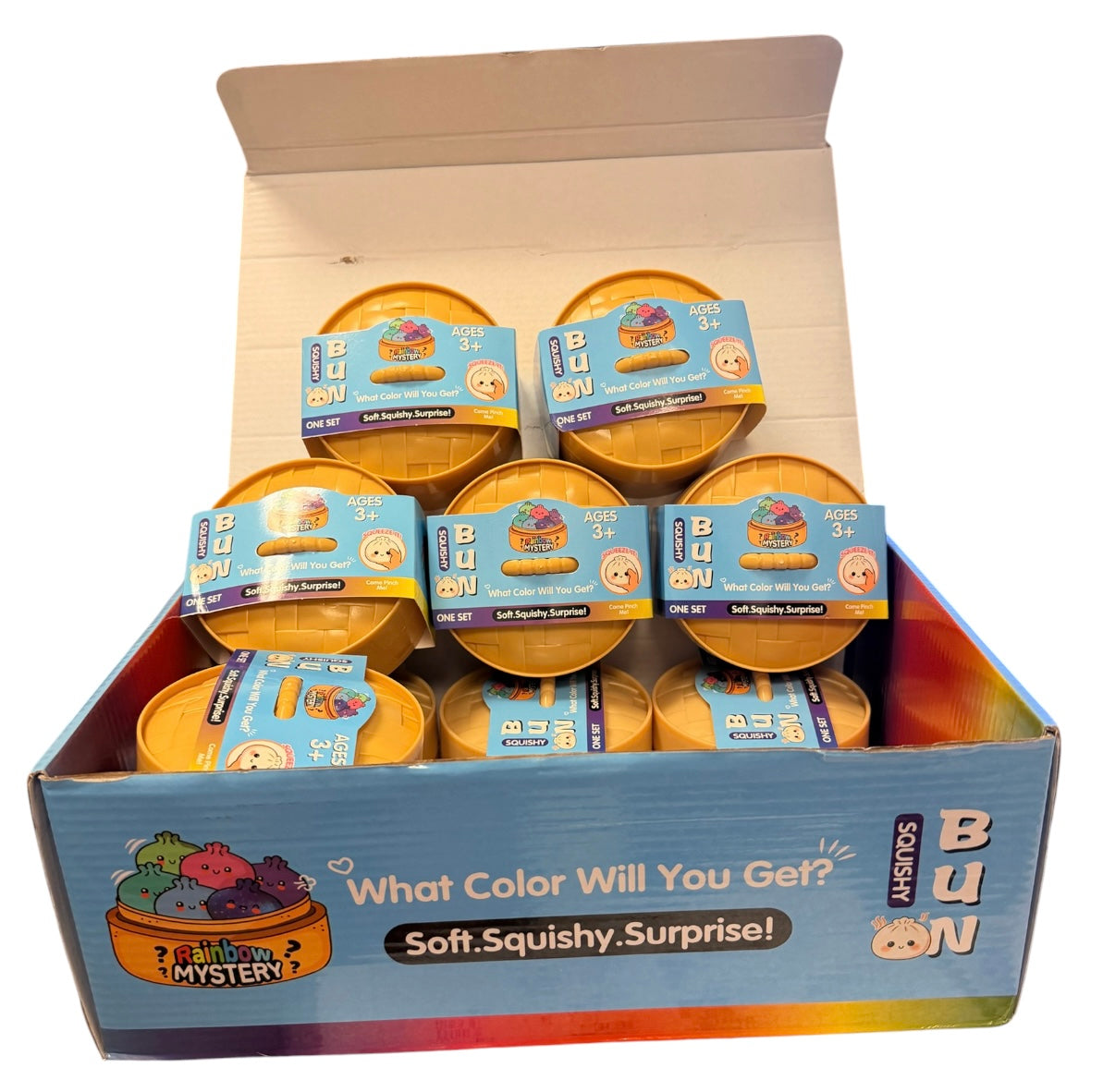 Rainbow mystery dumpling squishy in assorted surprise colors.