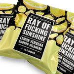 Ray of Fucking Sunshine shower steamers with Lemon Verbena scent for uplifting citrus aromatherapy experience.