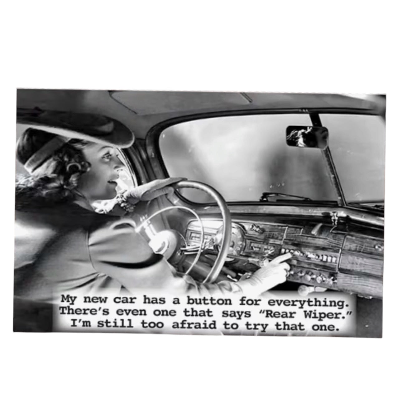 Vintage-style Rear Wiper greeting card with funny new car joke.