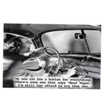 Vintage-style Rear Wiper greeting card with funny new car joke.