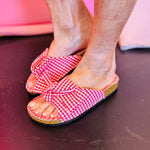Red gingham bow slide flat sandals with oversized bow