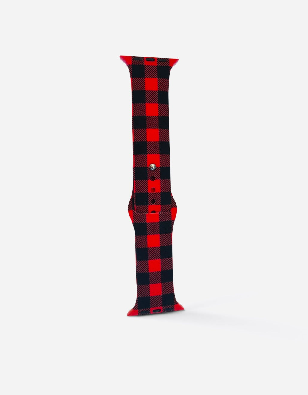 Red and black buffalo plaid Apple Watch band for 42mm and 44mm cases.