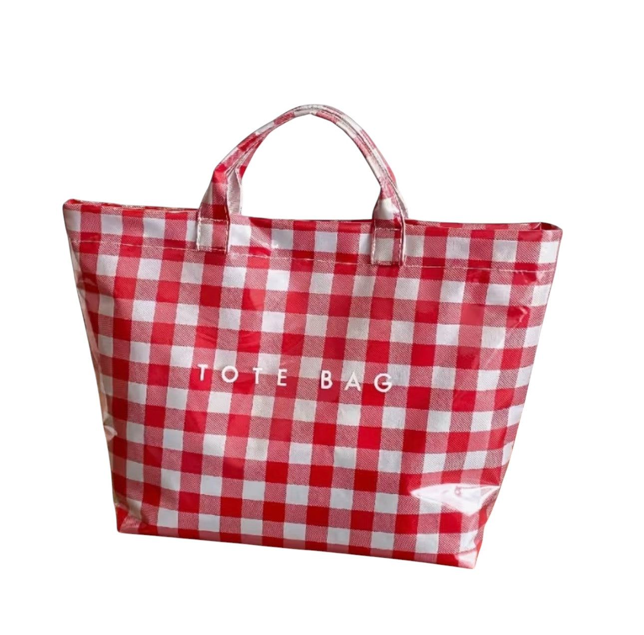 Red gingham checkered tote bag with water-resistant PVC and Velcro closure. 