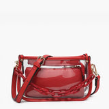 Clear crossbody bag with red trim, chain strap, and removable inner pouch