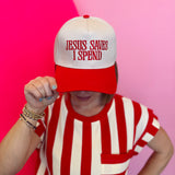 Red two-tone Jesus Saves I Spend cotton cap with adjustable strap and embroidered lettering.