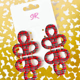Red plaid acrylic Christmas dangle earrings in red, white, and black with lightweight hypoallergenic design.