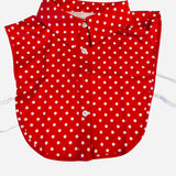 Red detachable collar with white polka dot pattern.