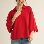 Red scalloped V-neck top with collar and 3/4 sleeves, made from soft, lightweight stretch fabric.