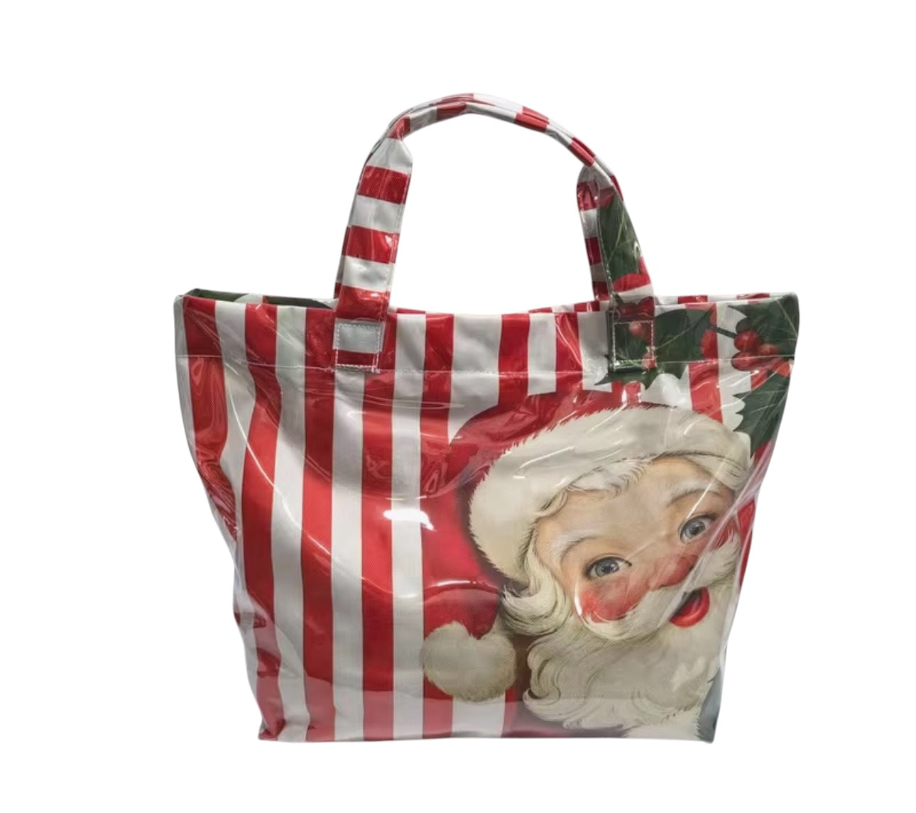 Red and white striped PVC tote bag with festive Santa Claus graphics and double handles.
