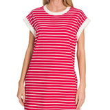 Red and white striped tee dress with contrast neckline and cap sleeves