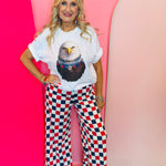 Red white and blue checkered wide leg pants with elastic waistband