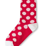 Red polka dot socks with white heel and toe accents