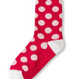 Red polka dot socks with white heel and toe accents