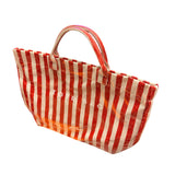 Red and white striped small tote bag with structured design and everyday compact size