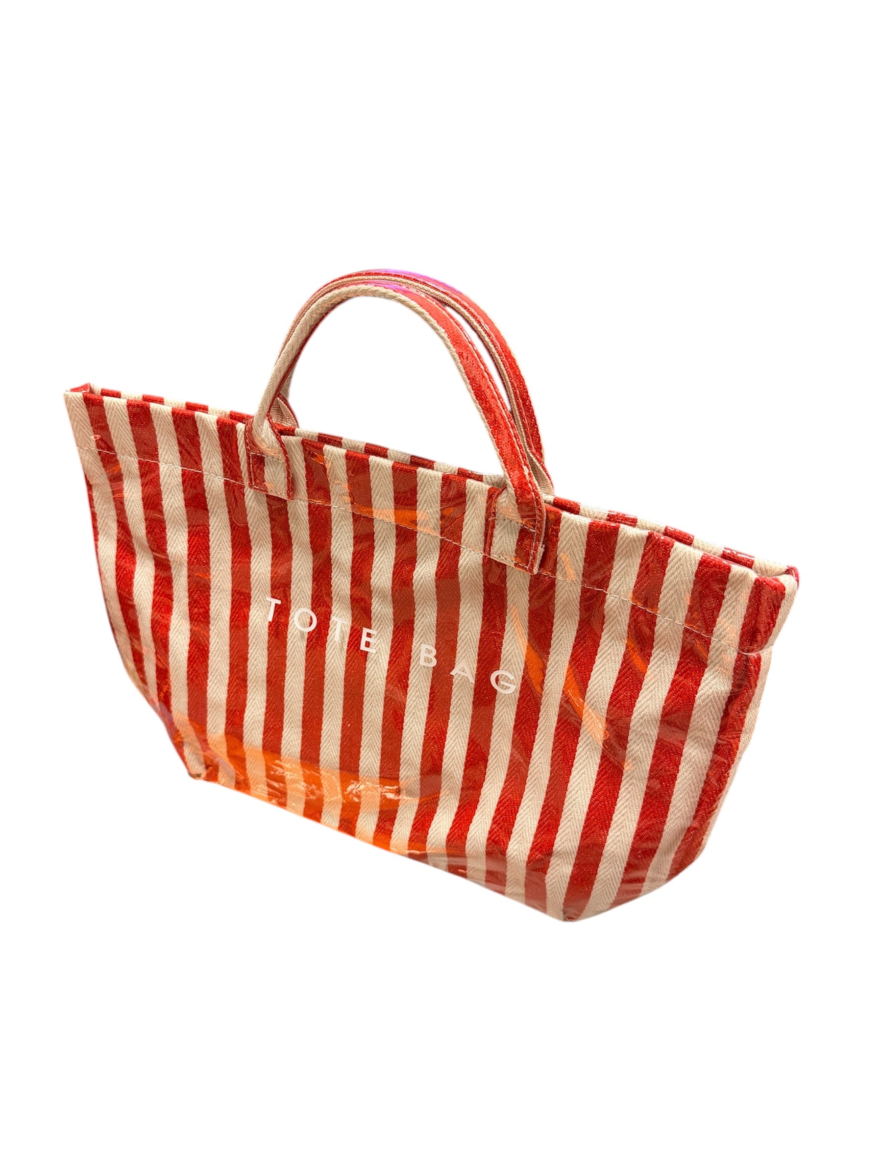 Red and white striped small tote bag with structured design and everyday compact size