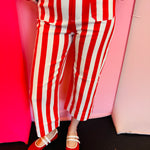 Red and white striped high rise pants with straight leg fit