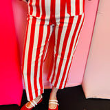 Red and white striped high rise pants with straight leg fit