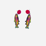 Neon fish earrings with hot pink beaded studs and coastal inspired design.
