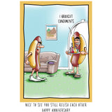 Funny hot-dog couple anniversary card with condiment joke and playful inside message.