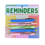 Reminders Pen Set featuring five black ink pens with bold, sarcastic motivational sayings.