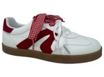 Cream sneakers with red panels and retro gingham lace detail