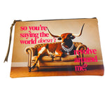 Longhorn rhinestone leather pouch with hot pink lettering and pink striped reverse side.