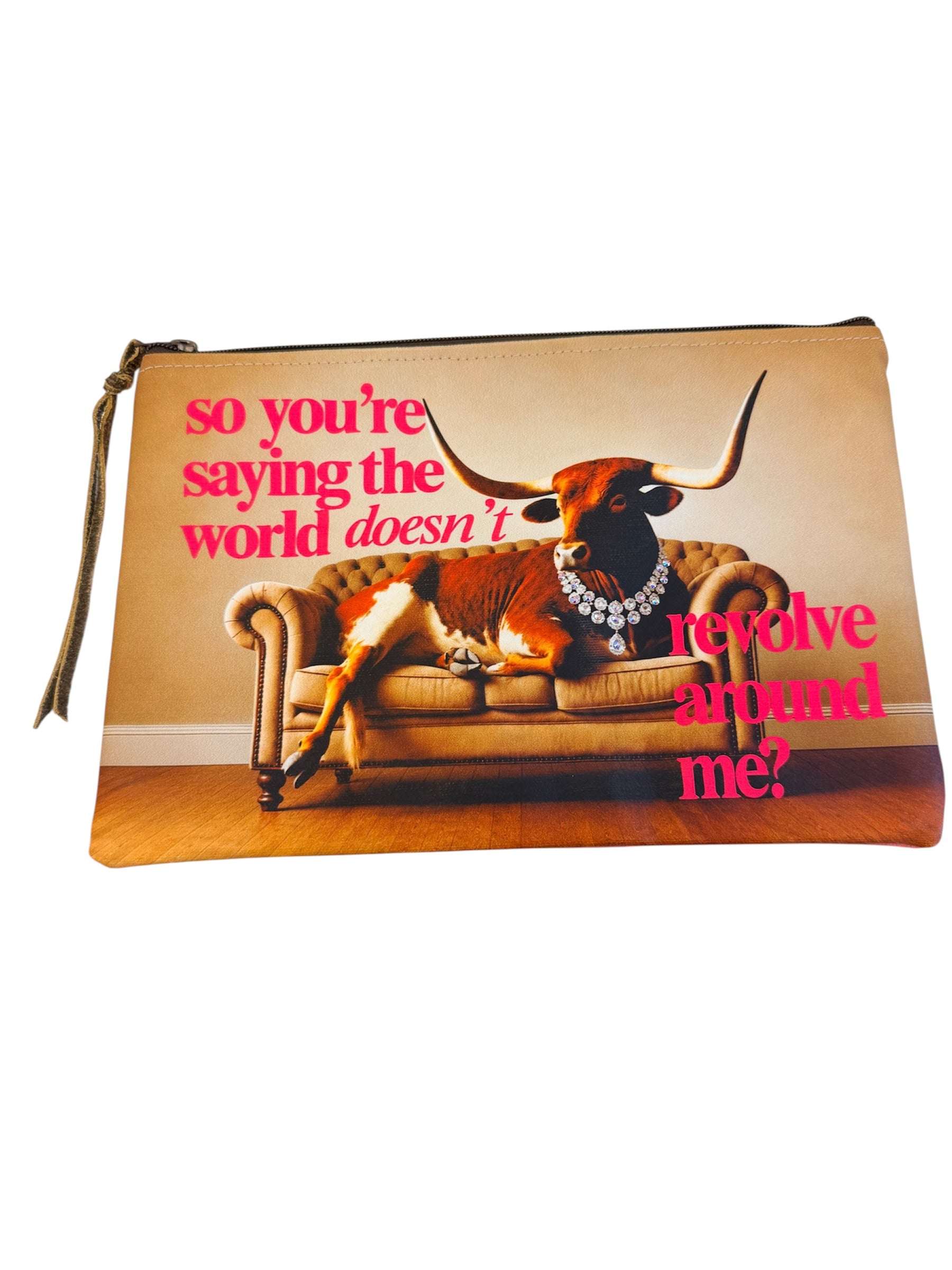 Longhorn rhinestone leather pouch with hot pink lettering and pink striped reverse side.