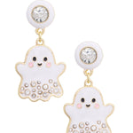 Sparkling rhinestone ghost drop earrings for festive Halloween outfits.