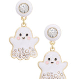 Sparkling rhinestone ghost drop earrings for festive Halloween outfits.