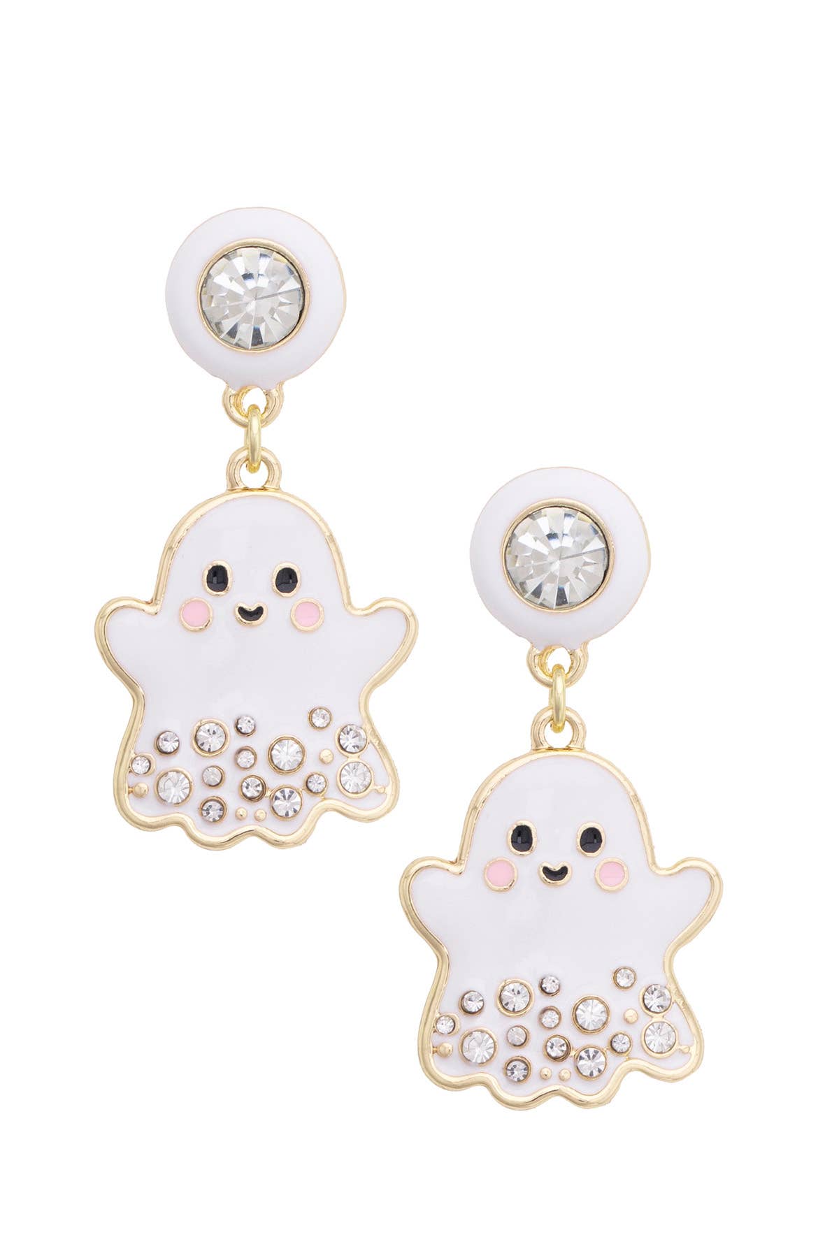 Sparkling rhinestone ghost drop earrings for festive Halloween outfits.