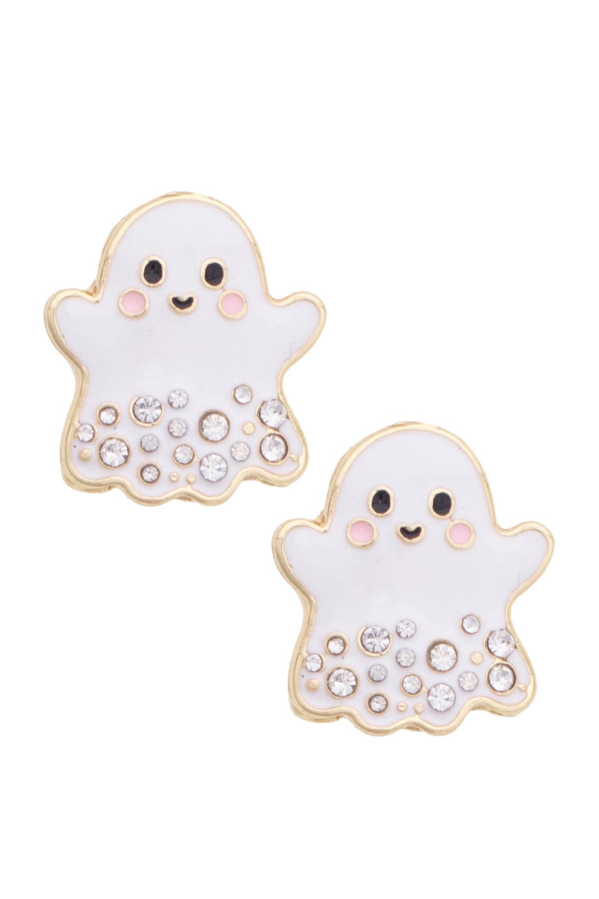 White rhinestone ghost stud earrings with a playful Halloween design.