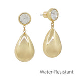 Clear rhinestone stud earrings with gold teardrop drop, 1.25 inch, water resistant.