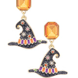 Colorful enamel witch hat drop earrings with sparkling rhinestone accents.