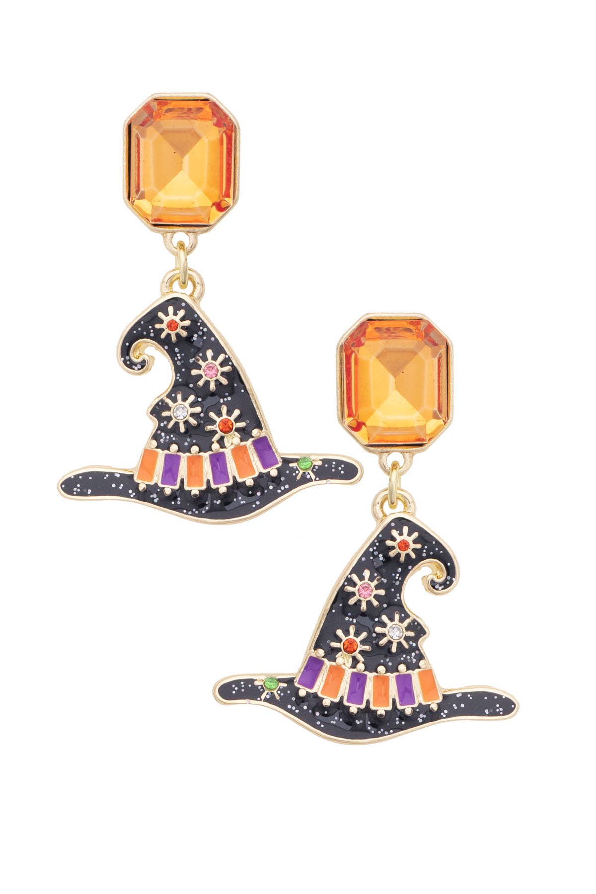 Colorful enamel witch hat drop earrings with sparkling rhinestone accents.