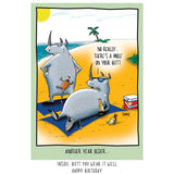Funny beach birthday card with two rhinos and a mole-on-the-butt joke.