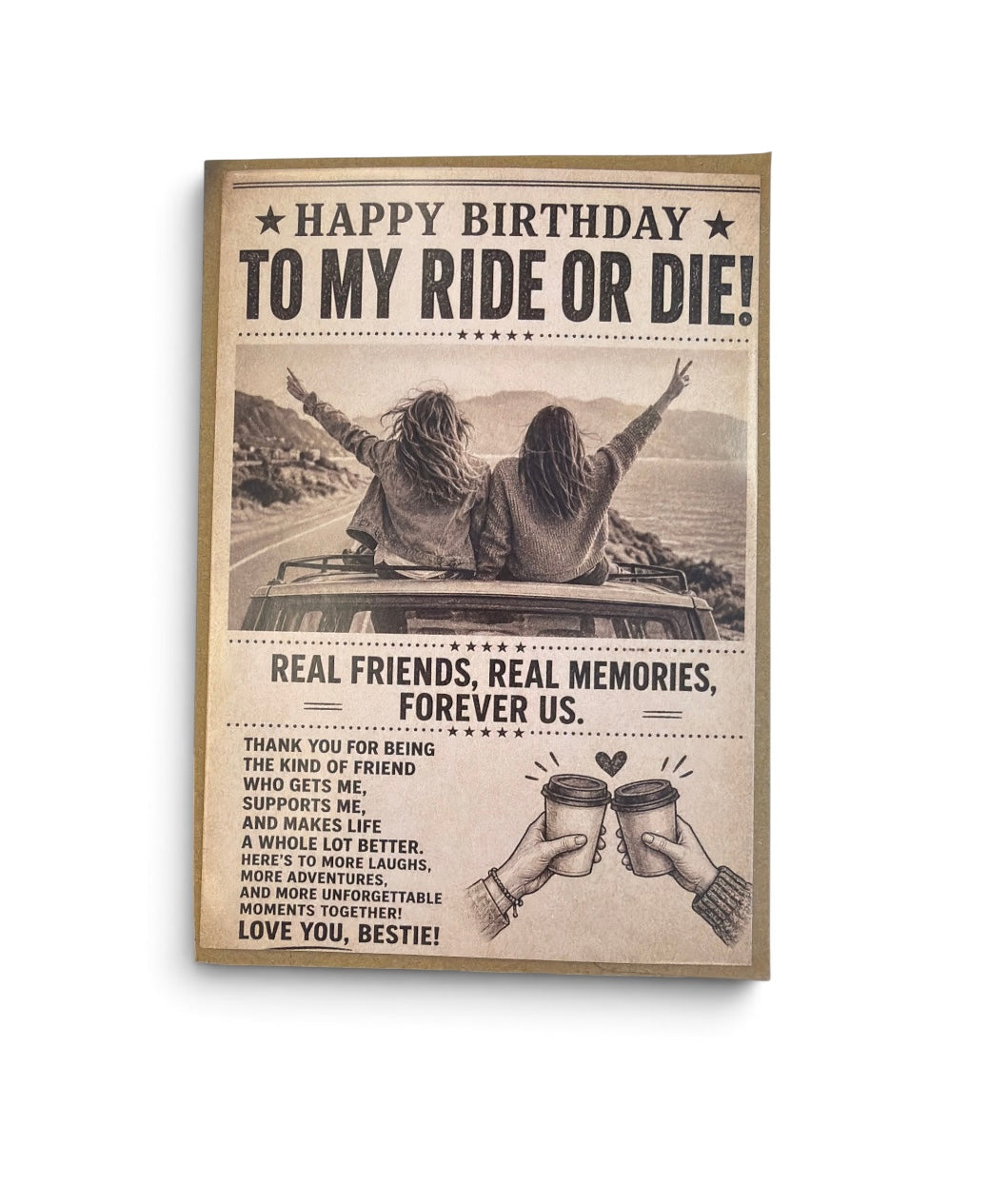Vintage-style bestie birthday card featuring friends on a road trip.