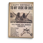 Vintage-style bestie birthday card featuring friends on a road trip.