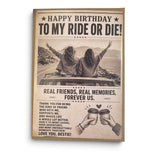 Vintage-style bestie birthday card featuring friends on a road trip.