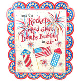 Patriotic scalloped sign with fireworks flags rockets and red white blue design.