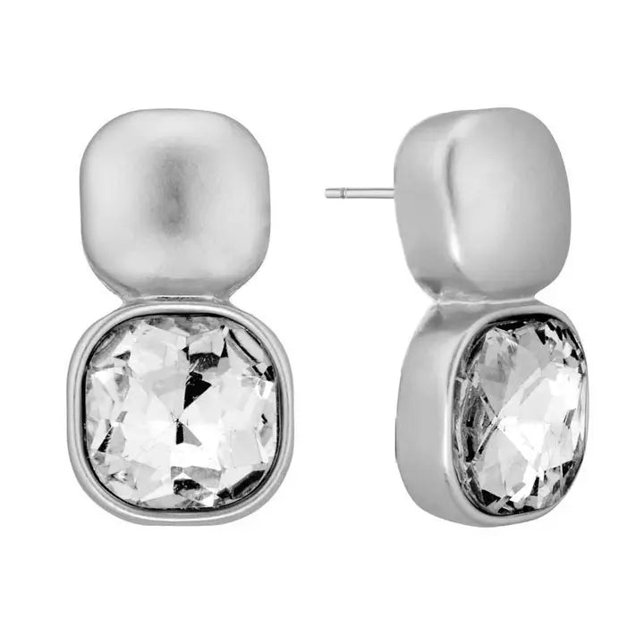 Matte silver post-back earrings with clear stone accents, 1¼-inch length.